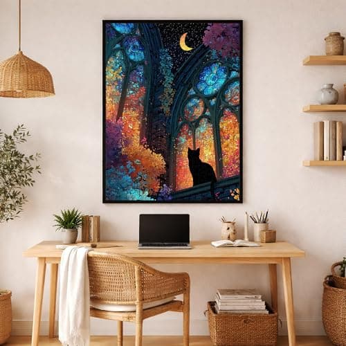 Teemosreal Puzzles for Adults 1000 Pieces, Stained Glass Cat Fantasy Night Moon Scene, Challenging Puzzle Game with Poster, Matte Finish, Interlock Perfectly Frameable Wall Decor Gift - Thumbnail 2
