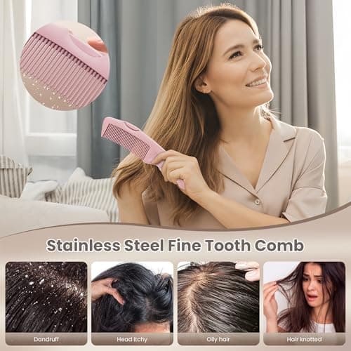 Dafeng Dandruff Comb 2PC Upgraded Fine Tooth Scalp Detox Comb Sweep & Massage Lice Stainless Steel Scalp Detoxing Hair Brush Tool Hair Care for Women, Men & Kids (Pink) - Thumbnail 2