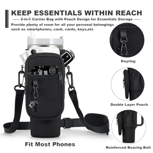 BULKITEM 30oz Water Bottle Carrier Bag with Phone Pocket for Black Stanley 30 oz Tumbler with Handle, Black Insulated Neoprene Cup Holder Pouch Strap for Valentines Stanley Cup Accessories - Thumbnail 3
