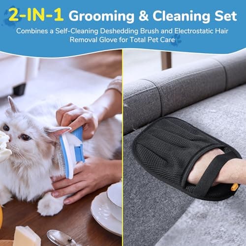 FOOCO Pet Hair Removal Glove & Brush Set – Self-Cleaning Slicker Deshedding Brush and Reusable Hair Removal Glove for Dogs, and Cats, Gentle Grooming Tool for Long & Short Haired Pets - Thumbnail 2