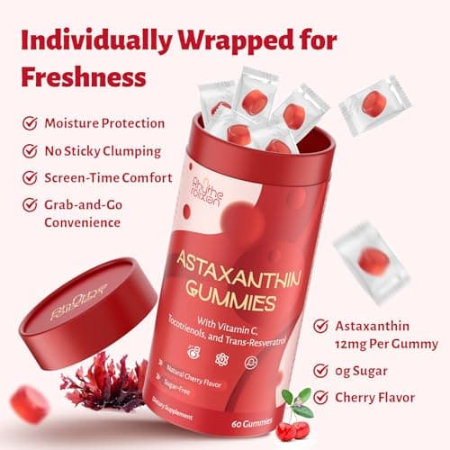 Astaxanthin Gummies – Astaxanthin Supplements with 12mg Per Gummy 24mg Max, Sugar Free Vegan Antioxidant with Vitamin C, Resveratrol & Tocotrienols – Supports Skin, Eye & Immune Health – 60 Count - Thumbnail 5
