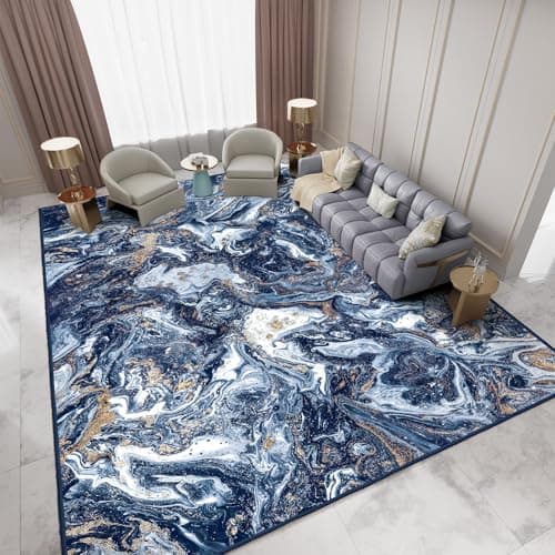 GEMBED Washable Area Rug 4x6 - Artistic Style Modern Rug for Living Room Bedroom Dining Room, Soft Low Pile Machine Washable Carpet, Non Slip Non Shedding Area Rug - Dark Blue/Gold, 4'x6' - Image 1