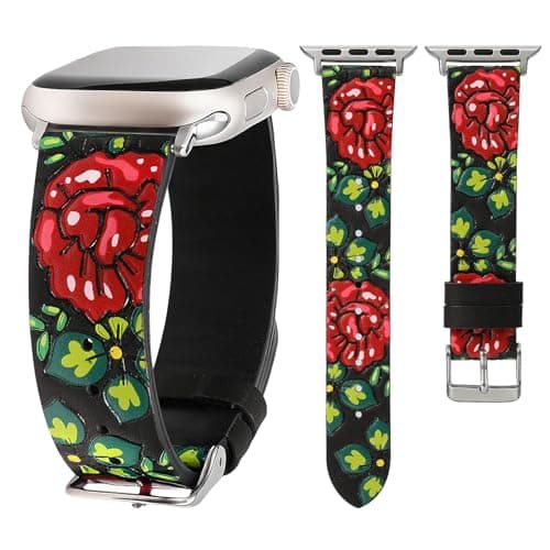 Moolia Floral Leather Band Compatible with Apple Watch Band 49/46/45/44/42mm Women, Cute Romantic Vintage Rose Pattern Strap for iWatch Series 11 10 9 8 7 6 5 4 3 2 1 SE/Ultra(1/2/3), Black/Red - Image 1