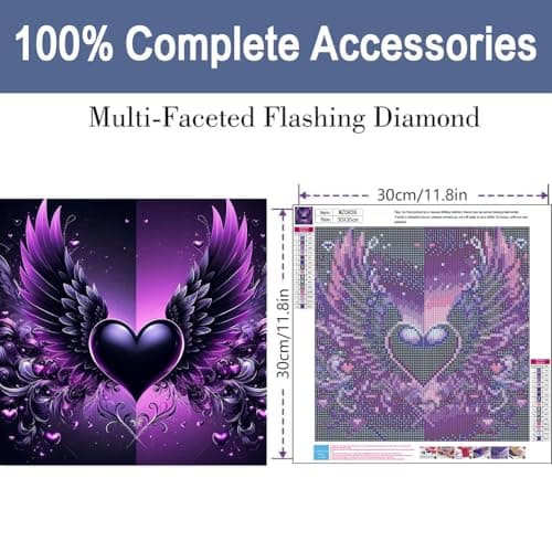 ijbnhd Angel Wings Diamond Art Kits for Adults - Purple Heart Diamond Painting Kits for Beginners, DIY Heart Gem Art Crafts Full Round Drill for Home Walls Decor 12X12Inch - Thumbnail 2