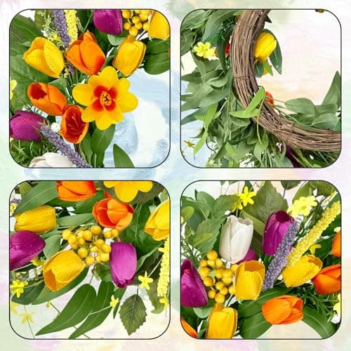ICX 24" Spring Wreaths for Front Door, Tulip Spring Wreath, Large Outdoor Wreath Spring, Spring Floral Wreath Perfect for Window, Wall, Porch, Wedding and Farmhouse Home Decor Gift - Thumbnail 3