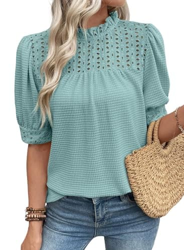 EVALESS Women Blouses Spring Clothes 2026 Blouse for Women Trendy Summer Tops Cute Frill Eyelet Embroidery Ruffle Mock Neck Puff Short Sleeve Shirt Tops,Blue Small - Image 1