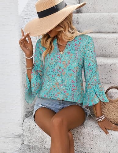 LOOKBOHO Womens Blouses Casual Dressy 3/4 Sleeve Bell Sleeve Boho Tops Button V-Neck Business Shirts Green&Blue XL - Thumbnail 2