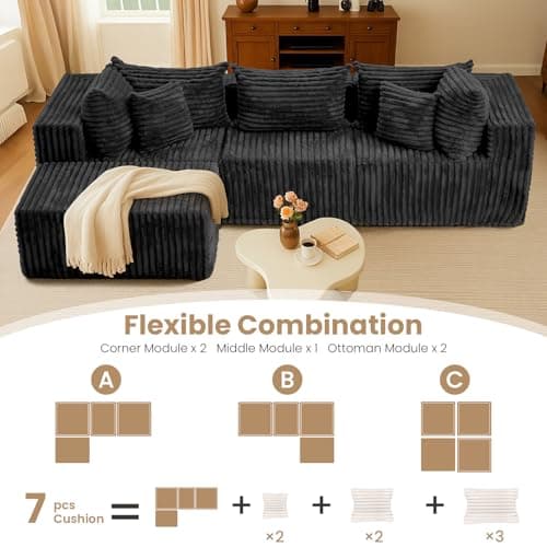 PATAVOT 104 Inch Cloud Couch Sectional,Corduroy Boneless Couches for Living Room,L-Shaped Modular Sectional Sofa with Removable Ottoman and Deep Seat,No Assembly Required,Black - Thumbnail 6