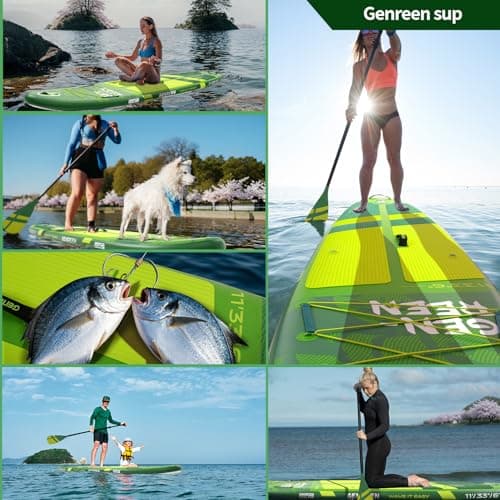 Genreen Inflatable Stand Up Paddle Board 11'33"6" 400LBS Capacity with 0.5cm EVA Deck, 3 Fins, Quality Inspection5 for Japanese Customers Ultra Stable Paddleboard (Monstera Lawn Green) - Thumbnail 6