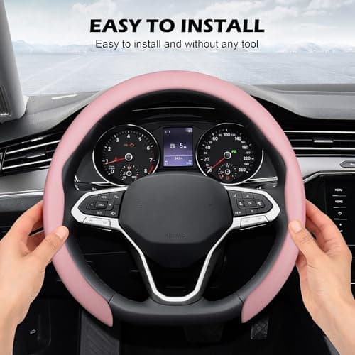frani Nappa Leather Steering Wheel Cover, Universal 15 Inch Premium Non-Slip Steering Wheel Cover Pink - Thumbnail 4