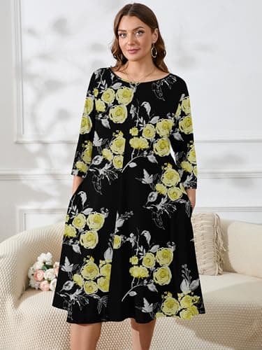 AusLook Women's Plus Midi Dresses Crew Neck A Line 3/4 Sleeves Casual Elegant Loose Flowy Wedding Guest Maternity Vacation Beach Black Golden Floral 2X Dress with Pockets - Thumbnail 2