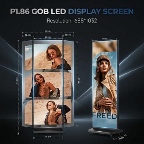 RIXZSIW 90 inch LED Digital Signage, P1.86 Tri-Fold Dual-Sided Foldable LED Poster Screen with Flight Case, GOB Commercial Advertising Display Screen Kiosk, WiFi/USB/HDMI, for Store, Rentals, Events - Thumbnail 2