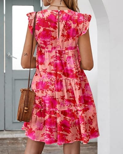 KIRUNDO Spring Dresses for Women Casual Boho Floral Ruffle Tiered Flowy Sleeveless Short Sundress 2026 Trendy Mini Cute Babydoll Dress(X-Large, Floral Rose Red) - Thumbnail 5