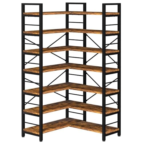 TEROL 7-Tier Corner Bookshelf, Reversible Wooden Shelves, Industrial Bookcase with Open Shelves and Sturdy Metal Frame, Display Shelf Storage Rack for Living Room, Bedroom, Home Office (Rustic Brown) - Image 1