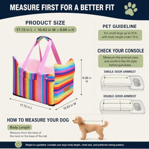 Cullaby Console Dog Car Seat for Small Dogs - Anti-Collapse Center Console Armrest Booster Seat, Sturdy Pet Travel Seat with Safety Tether, Cozy Washable Cushion, Puppy Up to 15lbs (Colorful Stripes) - Thumbnail 4