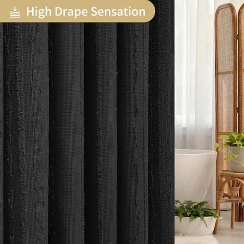 Lameirose Black Shower Curtain Boho, Cotton Blend Waffle Shower Curtains Textured, Fabric Shower Curtain for Bathroom, Hotel, Washable,72 x 72 - Thumbnail 5
