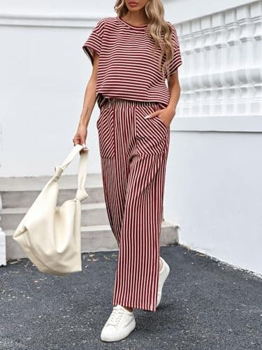 Tankaneo Womens Striped 2 Piece Sets Short Sleeve T Shirts Wide Leg Pants Matching Lounge Set with Pockets - Thumbnail 3