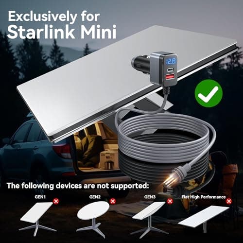 Starlink Mini Cable, 12V-24V Car Charger DC Power Cable+ Cigarette Lighter Adapter, LED Digital Display Durable Waterproof Cord 10FT/3M with USB C PD 30W and USB A Ports for Trucks and Car - Thumbnail 2
