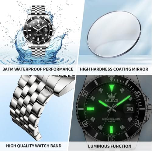 OLEVS Watch Men,Men's Silver Watch Black Face,Silver Watches for Men,Mens Luxury Wristwatch Stainless Steel,Minimalist Big Face Black Wristwatch,Men's Dress Watches,Relojes para Hombres - Thumbnail 4