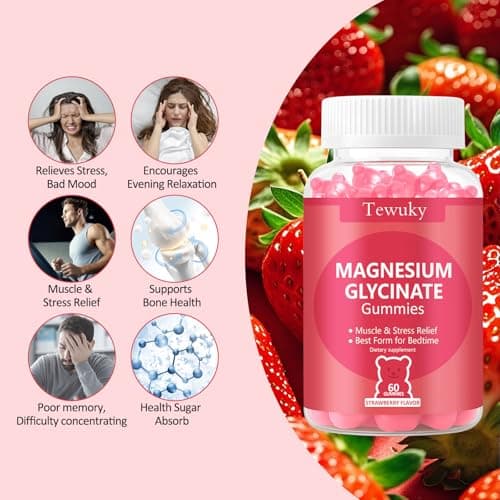 Magnesium Glycinate Gummies 500mg, Sugar-Free for Adults & Kids, Magnesium Gummy for Relaxation, Stress & Muscle Relief, Supports Bone & Nerve Health, Vegan, Pectin-Based, 60 Count, Strawberry Flavor - Thumbnail 2