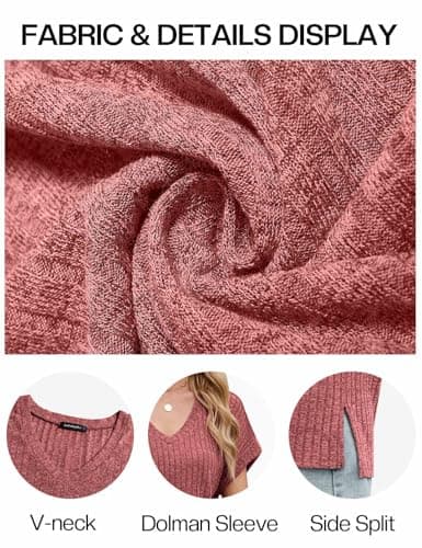 JUSTFASHIONNOW Short Sleeve Sweater Summer Tops for Women 2026 V Neck Flowy Short Sleeve Shirts Trendy Side Split Basic Tees Spring Dressy Casual Easter Outfits Wine Red L - Thumbnail 4