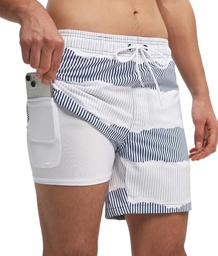 Mens Swim Trunks Compression Liner No Mesh Swimming Trunks Men Swimwear Quick Dry Above Knee Zipper Pocket Swim Shorts - Image 1