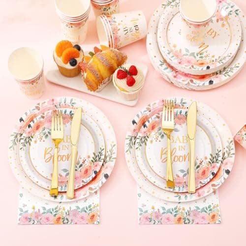 Gudvilla 350 Pcs Baby in Bloom Baby Shower Decorations for Girl, Its a Girl Baby Shower Plates and Cups and Napkins Sets, Pink Floral Baby in Bloom Plates and Napkins Sets, Serves 50 - Thumbnail 4