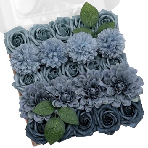 TINGE TIME Artificial Flowers Combo Box Set, Dusty Blue Roses Gradient Color Fake Roses with Stems for DIY Wedding Bouquets Table Centerpieces Baby Shower Home Party Floral Arrangements Decorations - Image 1