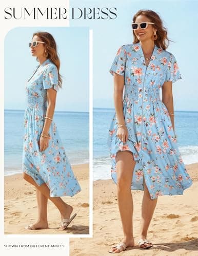 GRACE KARIN Womens Summer Maxi Floral Dress Casual 2026 Long Zipper Dresses Boho Flowy Beach Vacation Sundress with Pockets Light Blue Floral XL - Thumbnail 3