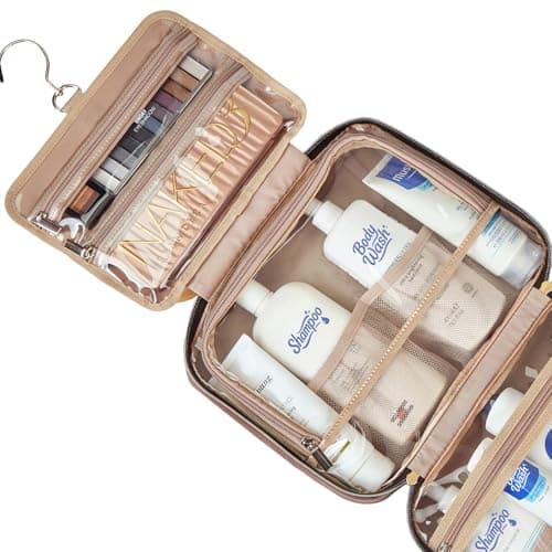 NISHEL Travel Toiletry Bag for women, Portable Hanging Organizer for Full-Sized Shampoo, Conditioner, Brushes Set, Makeup Accessories, Large Size, Rosewood-Pink - Thumbnail 4