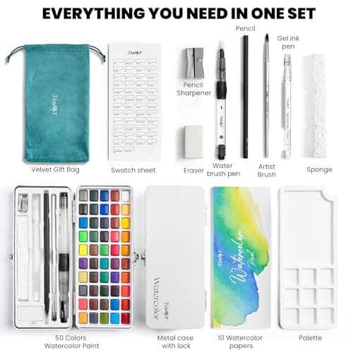JusArt 50 Colors Watercolor Paint Set,Art Supplies with Metallic Color, Detail Painting Brushes, Water Brush Pens, Portable Travel Watercolor Painting Set for Adult, Artists, Professionals - Thumbnail 6