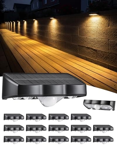 FabStyl Solar Motion Sensor Fence Lights 16 Pack, 3 Modes Fence Light Solar Powered, 4 LEDs Warm White Security Wall Light Outdoor Waterproof for Garden Patio Step Yard Gate Garage Pool Wall