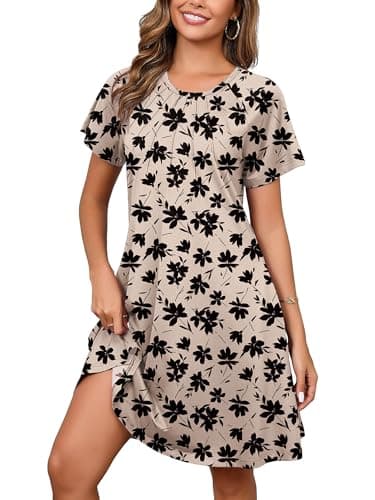 Heymoments Women's Short Sleeve Dress Floral Print Large Crewneck Casual Loose Flowy Below Knee Length Sundress Business A Line Shirt Teachers Summer Novelty Boho Dresses with Pockets - Image 1