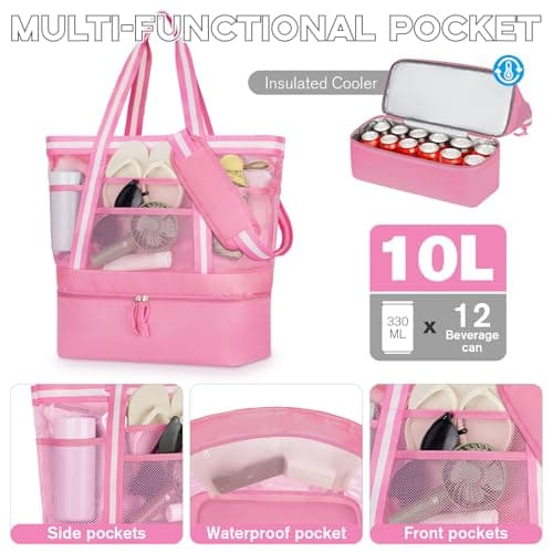 WOOMADA Beach Tote Bag With Cooler, Large Mesh Beach Bags for Women with Wet Pocket, Pool, Swim, Travel Essentials(Hot Pink White) - Thumbnail 4