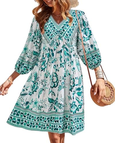 BTFBM Womens Summer Dresses 2026 Casual V Neck 3/4 Long Sleeve Ruffle Floral Flowy Boho Babydoll Mini Spring Beach Dress(Floral White Blue, X-Large) - Image 1