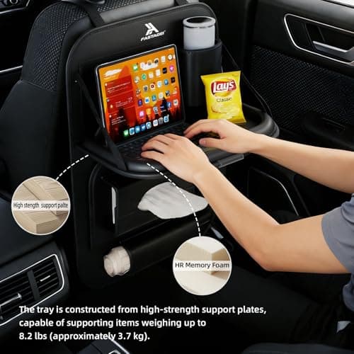 FASTAGEI Universal Premium Leather Foldable Car Backseat Organizer with Table Tray, Car Seat Back Protector with Garbage Bag Touch Screen Pad Holder, Car Kick Mats Protector with Tissue Holder (Black) - Thumbnail 2