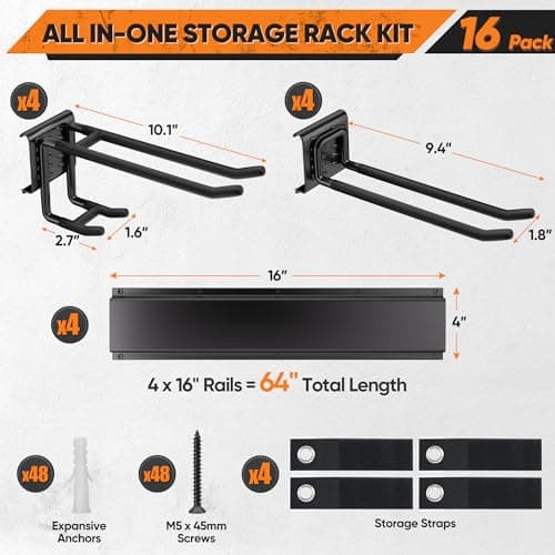 Garden Tool Organizer Wall Mount, 64 inches Tool Storage Rack with Adjustable Hooks, 600lbs Adjustable Heavy Duty Metal Hooks, Yard Shed Rack Holder System Hanging Rake Broom Mop Snowboard, Men Gift - Thumbnail 2