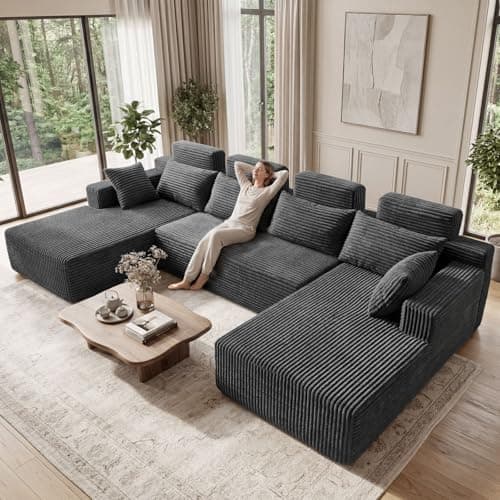 Boneless Couches for Living Room - 134" Modular Sectional Sofa U Shaped Oversized Deep Seat High Back Corduroy No Assembly Modern Cloud Big Comfy Floor Couches (Grey) - Thumbnail 6
