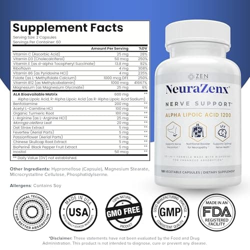 Zen Nutrients NeuraZenX Nerve Support & Peripheral Neuropathy Support Supplement with 1200mg Alpha Lipoic Acid (ALA), Benfotiamine, L-Carnitine, and Turmeric - Thumbnail 2