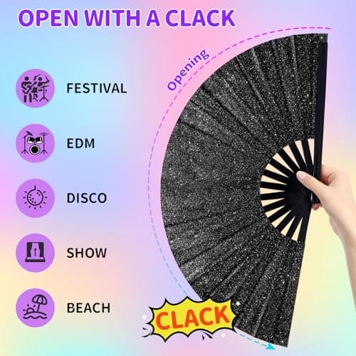 EOSAU Large Glitter Rave Fan Folding Hand Fans for Line Dancing Portable Handheld Clack Fan for Festival EDM Party Music Outfit Accessories (13" Black 01) - Thumbnail 4