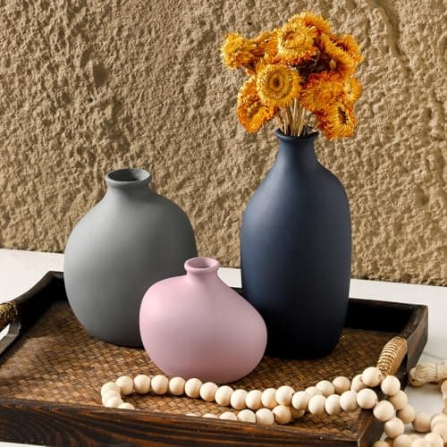 Ceramic Vase Set of 3,Decorative Vases Home Decor, Small Modern Boho Rustic Farmhouse Pottery Vases for Pampas Grass Dried Fresh Flowers,Bedroom,Living Room,Bookshelf, Mantel，Centerpiece Table Decor - Thumbnail 4