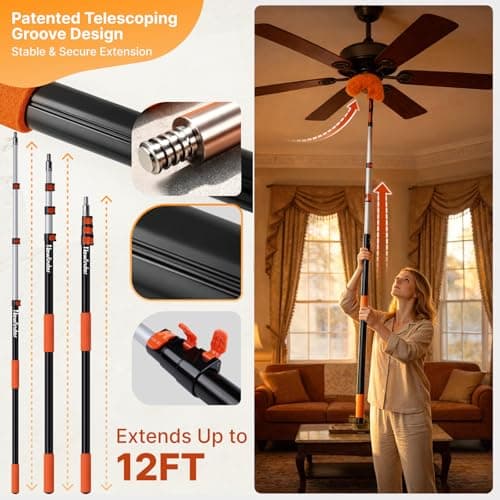 Newfinder 7-in-1 High Ceiling Duster Kit with 4-12ft Extension Pole, Ceiling Fan Duster, Cobweb Duster, Microfiber Duster, Window Cleaner & Squeegee, Wall Mop, 20ft Reach Duster with Extension Pole - Thumbnail 2