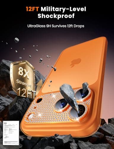 Hoerrye Bling Diamond Camera Lens Protector for iPhone 17 Pro - [1:1 Full Coverage][Strong Adsorption] 9H+ Tempered Glass Screen Protective Cover Case Friendly,Glitter Orange - Thumbnail 5
