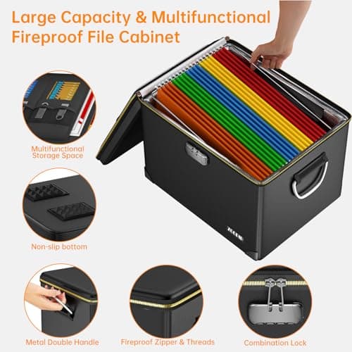 ZOOPIP Fireproof Document Box,Hard Case File Organizer with Fireproof Zipper&Threads,Non-Foldable Filing Cabinet with Lock, Portable Office Safe Box Storage for Hanging Letter Folder,Valuables,Black - Thumbnail 3