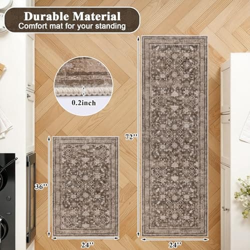 Ileading Kitchen Rugs Sets of 2 Non Slip, Washable Kitchen Mats for Floor with Rubber Bottom, Farmhouse Kitchen Carpet Runner Set for Office, Sink, Laundry, Taupe Brown - Thumbnail 2