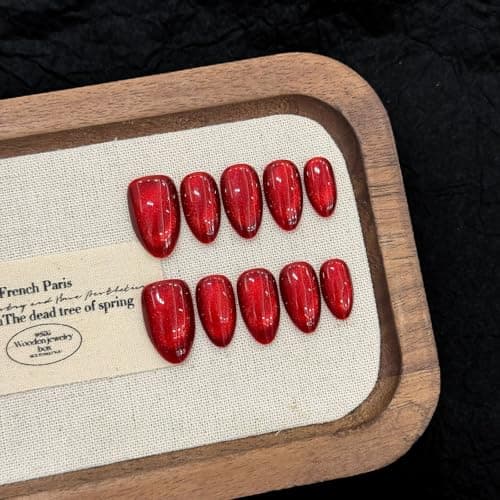 Yacey Wine Red Handmade Press on Nails, Medium Almond Reusable False Nails Press Ons, Luxury Cat Eyes Thick Acrylic Fake Nails, Bling Glue on Nails for Women Girls (10 Pcs, S) - Image 1