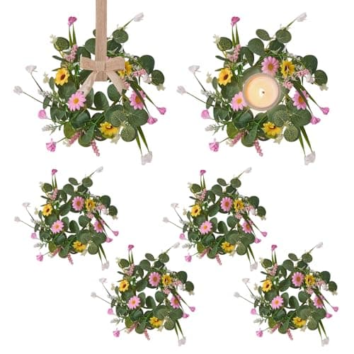 11.8 Inch Spring Summer Wreath, 6 Pcs Small Wreath Decorations with Daisy & Eucalyptus Leaves & Grass for Home, Door, Porch, Table, Candle Rings, Wall, Window, Cabinets（6, Spring Summer Wreath - Image 1