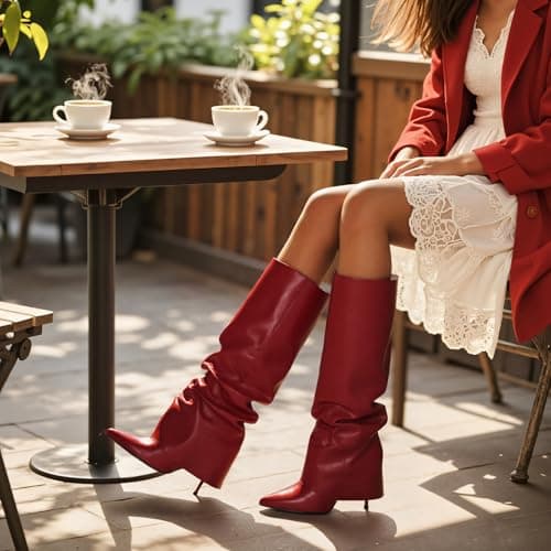 COMFITORIA Womens Knee High Boots, Fold Over Shark Boots Stiletto Heels Slouchy Long Boot Pointed Toe Thigh High Dress Shoes Sexy Fashion Tall Boot for Women with Zipper - Thumbnail 2