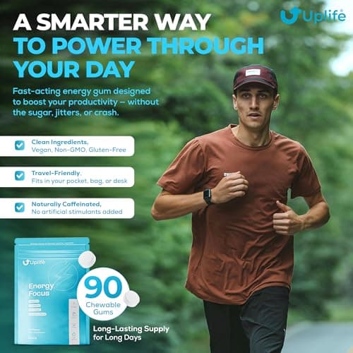 UPLIFE Energy and Focus Gum 90 Pcs – Made in USA – Nootropic Natural Caffeine Gum Coffee Alternative - Organic Gum with 40mg Caffeine + 80mg L-Theanine + B3 & B12 - Suger Free - Peppermint Flavor - Thumbnail 2