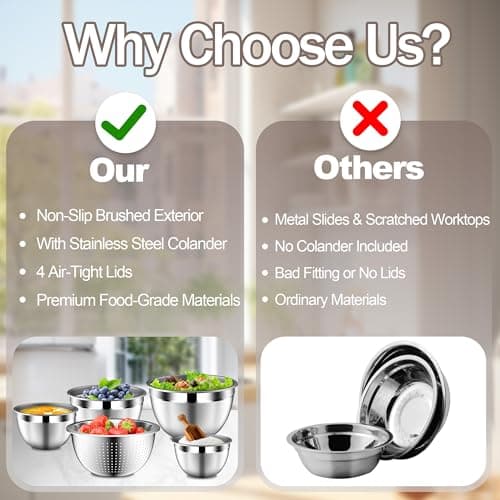 DUTZUN Stainles Steel Mixing Bowls with Lids Set, Stackable Metal Mixing & Serving Bowl with Strainer, 5-Piece - Beige - Thumbnail 3